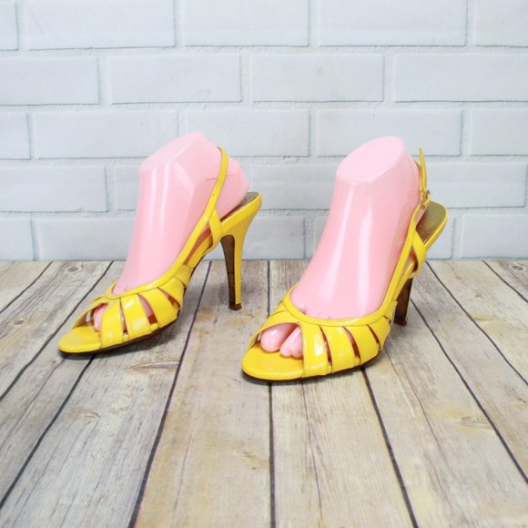 Cole Haan Yellow Leather Peep Toe High Heel Ankle Strap Air Sole Sandals 9.5 B - Picture 3 of 8
